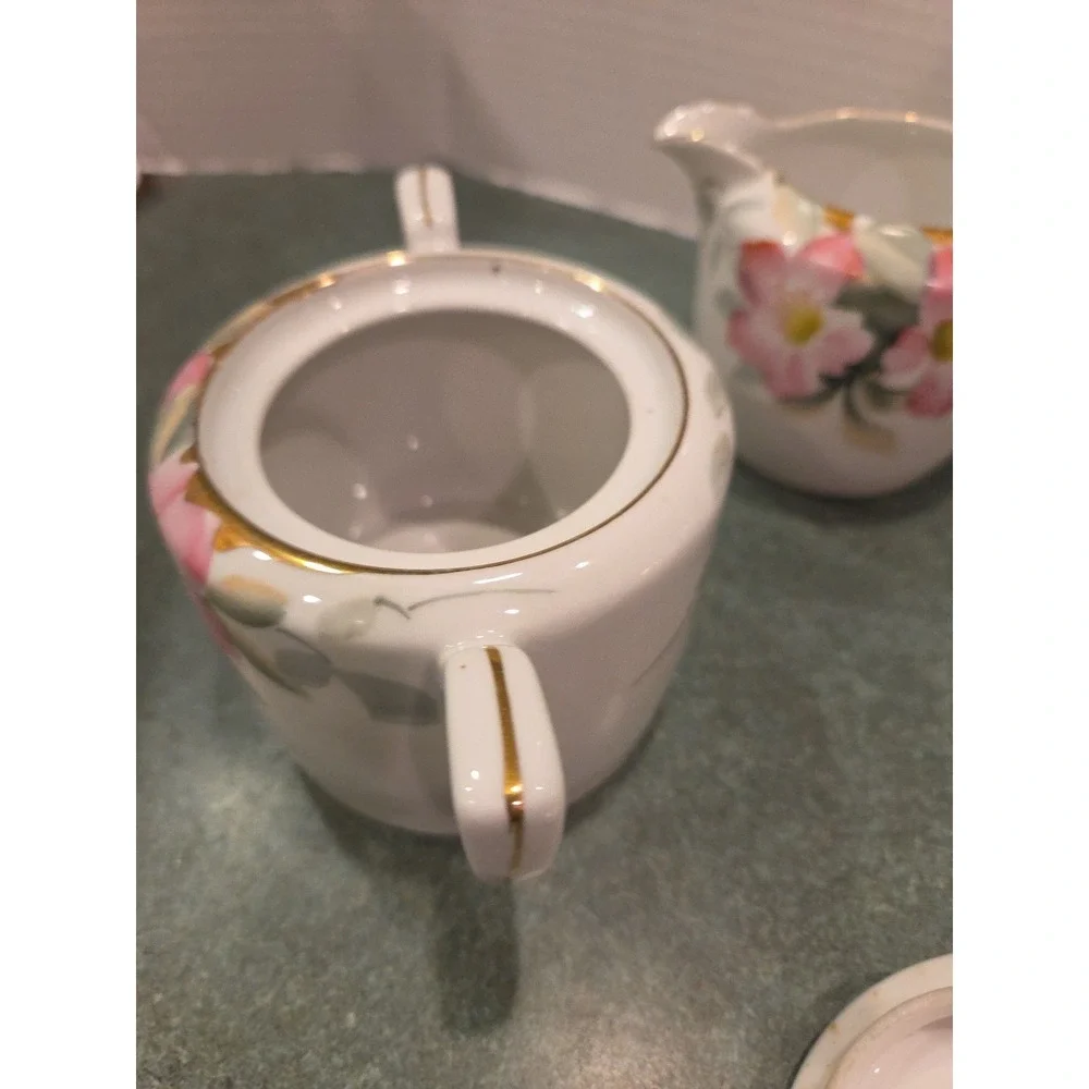 Vintage Noritake AZALEA Sugar Bowl w/ Lid & Creamer Hand Painted Pink Flowers